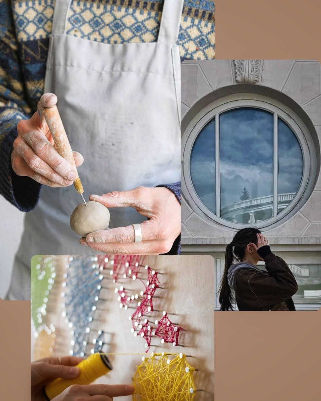 Collage of three objects—a tool, a thread map, and a reflective surface—representing the Maker’s Eye, Context Eye, and Personal Eye used to develop clarity.